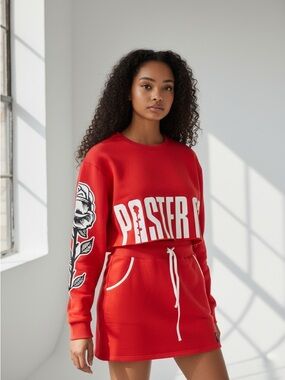 Red Graphic Cropped Sweatshirt & Skirt Set